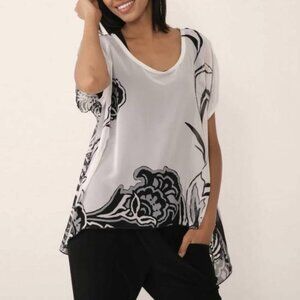 New Marallis White Black Sheer Chiffon Blouse Top Size Medium bin 4E
